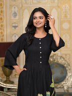 Juniper Women's Black Floral Printed Liva Rayon Kurta With Buttons | Grocsy