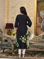 Juniper Women's Black Floral Printed Liva Rayon Kurta With Buttons | Grocsy