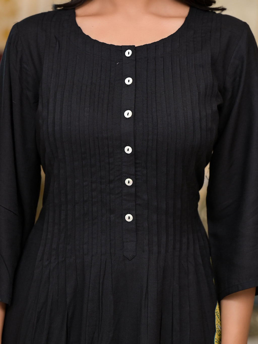 Juniper Women's Black Floral Printed Liva Rayon Kurta With Buttons | Grocsy