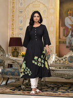 Juniper Women's Black Floral Printed Liva Rayon Kurta With Buttons | Grocsy