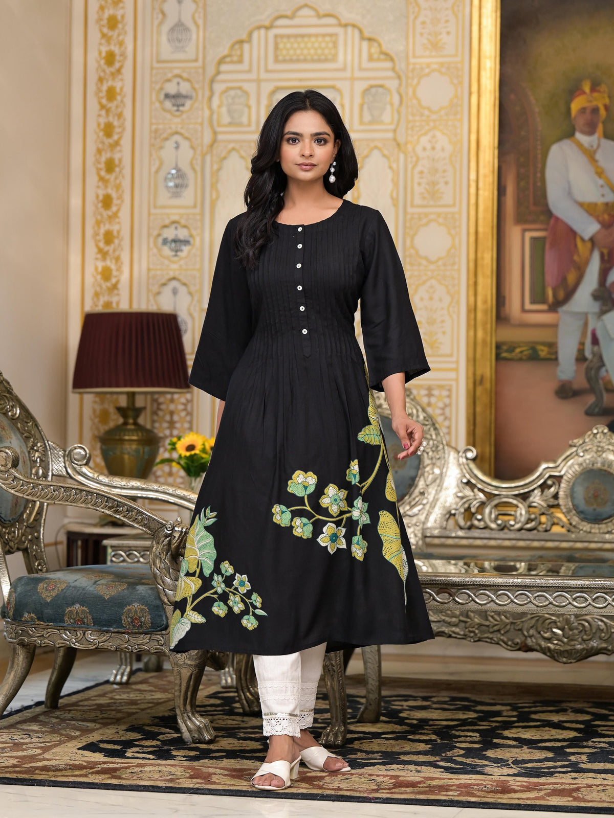 Juniper Women's Black Floral Printed Liva Rayon Kurta With Buttons | Grocsy