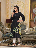 Juniper Women's Black Floral Printed Liva Rayon Kurta With Buttons | Grocsy