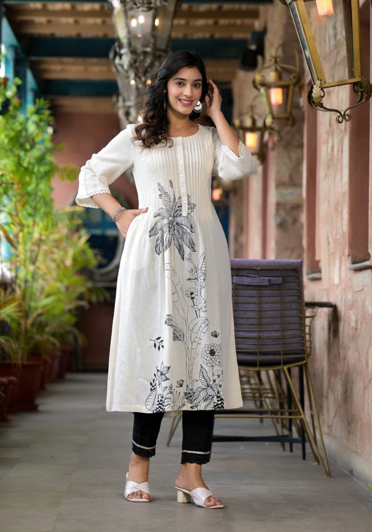 Juniper Women's Natural Floral Printed Kurta With Buttons & Lace | Grocsy
