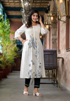 Juniper Women's Natural Floral Printed Kurta With Buttons & Lace | Grocsy