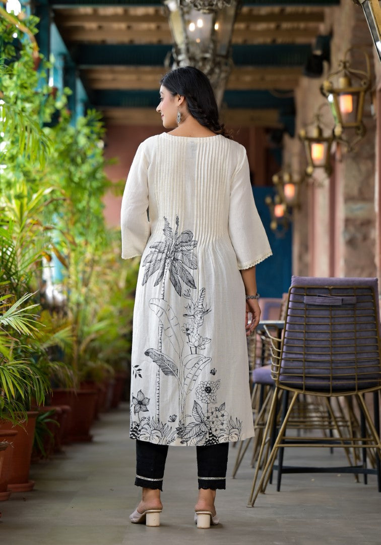 Juniper Women's Natural Floral Printed Kurta With Buttons & Lace | Grocsy