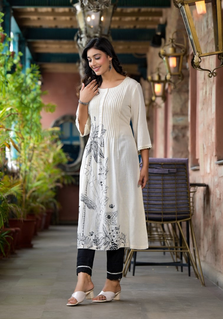 Juniper Women's Natural Floral Printed Kurta With Buttons & Lace | Grocsy