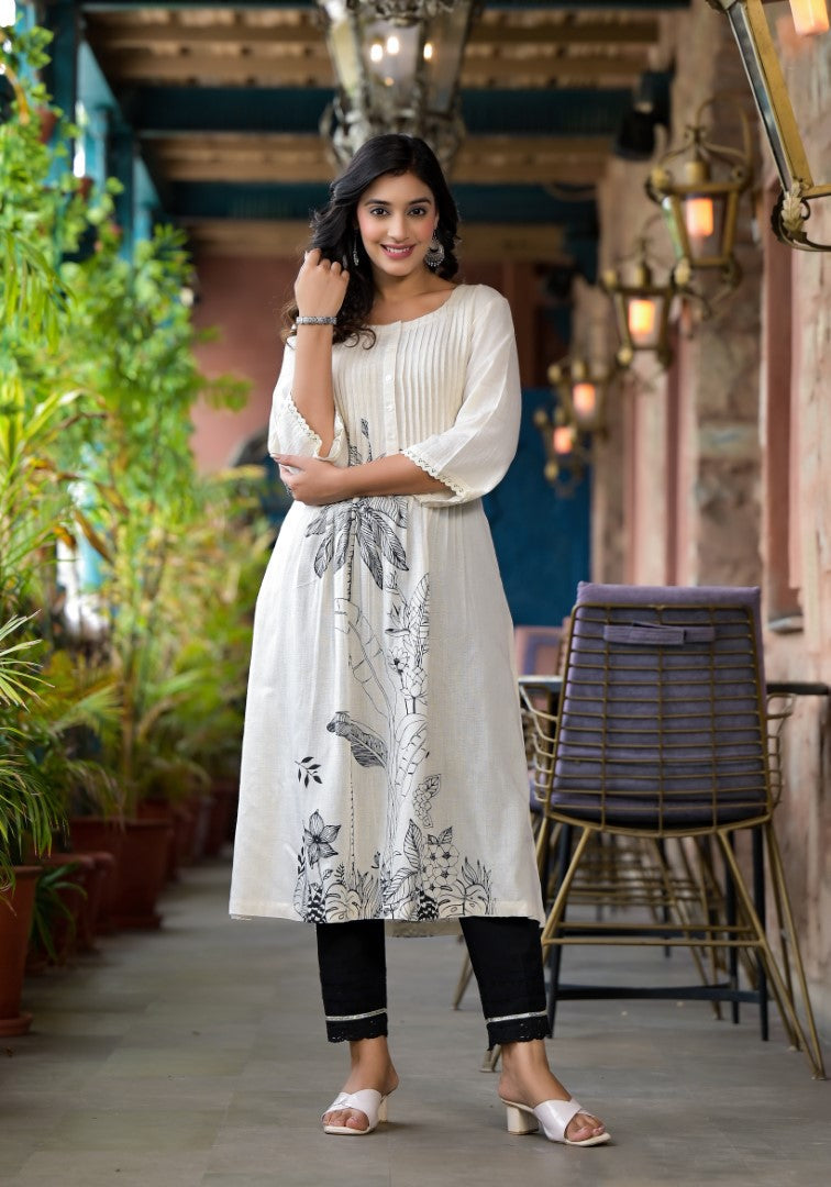 Juniper Women's Natural Floral Printed Kurta With Buttons & Lace | Grocsy