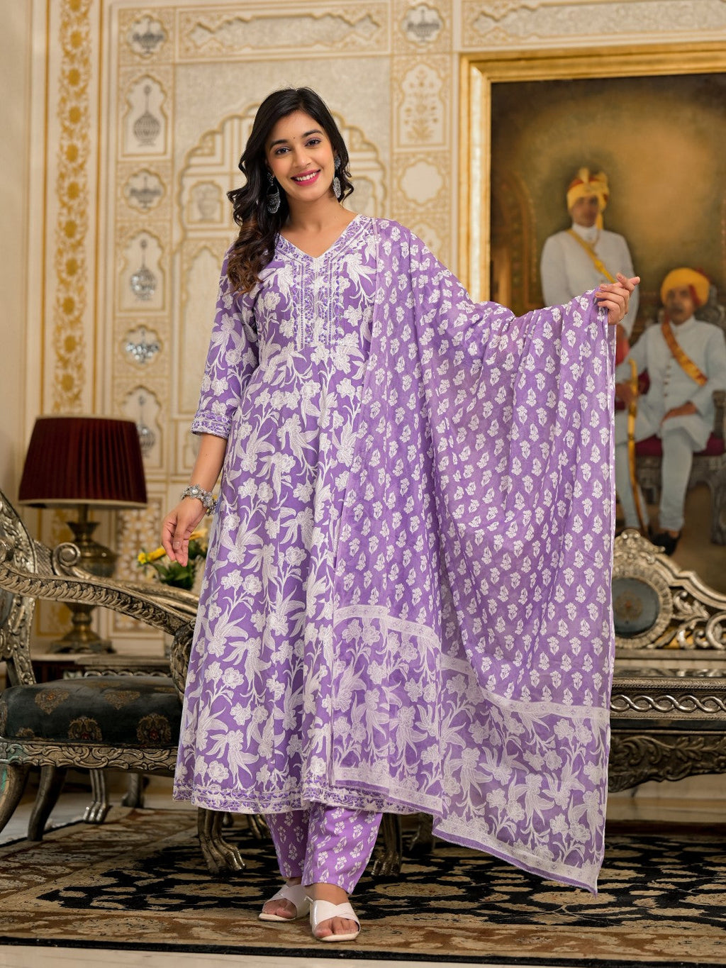Juniper Women's Lavender Floral Printed Rayon Kurta, Pant And Dupatta Set With Thread & Sequins Work | Grocsy