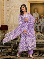 Juniper Women's Lavender Floral Printed Rayon Kurta, Pant And Dupatta Set With Thread & Sequins Work | Grocsy