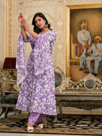 Juniper Women's Lavender Floral Printed Rayon Kurta, Pant And Dupatta Set With Thread & Sequins Work | Grocsy