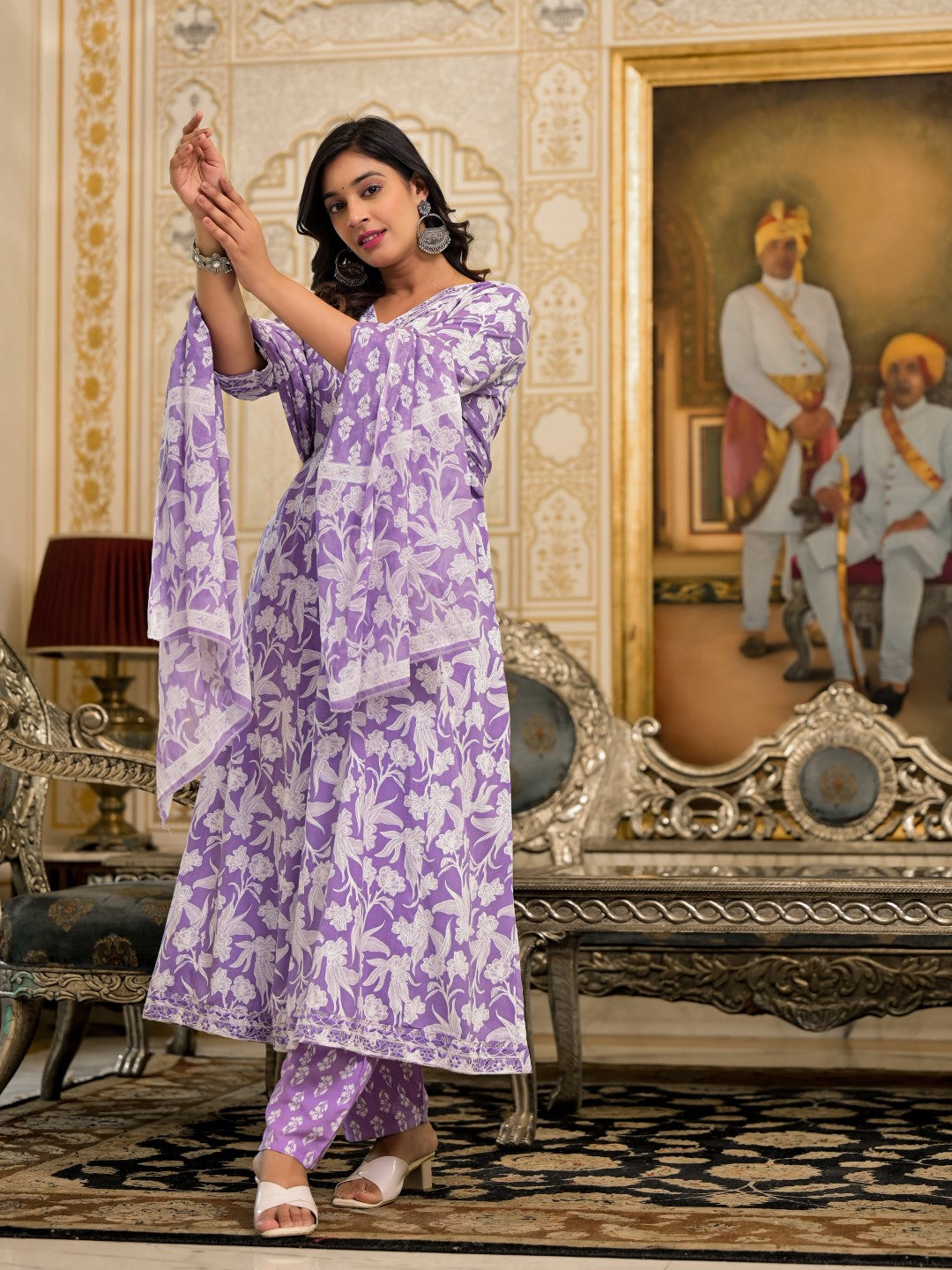 Juniper Women's Lavender Floral Printed Rayon Kurta, Pant And Dupatta Set With Thread & Sequins Work | Grocsy