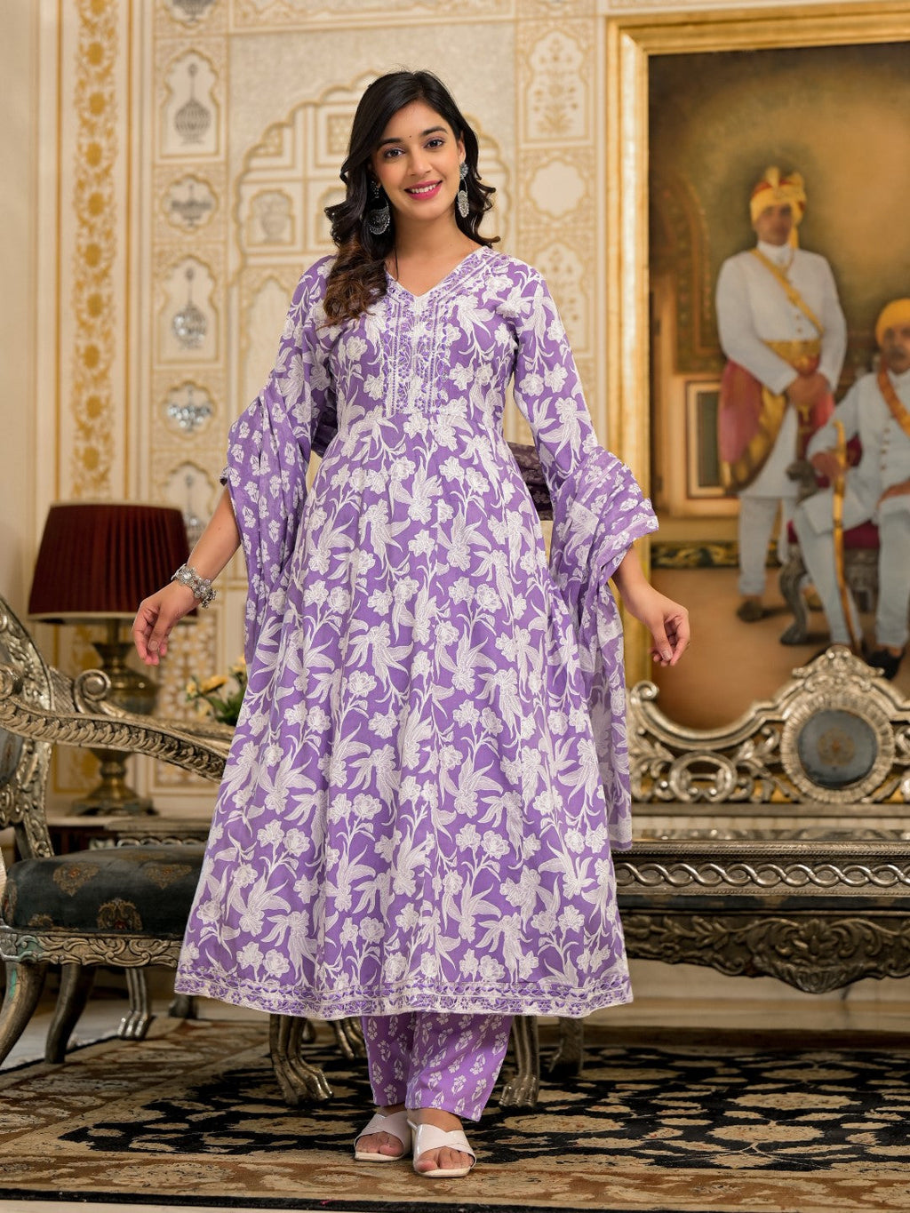Juniper Women's Lavender Floral Printed Rayon Kurta, Pant And Dupatta Set With Thread & Sequins Work | Grocsy