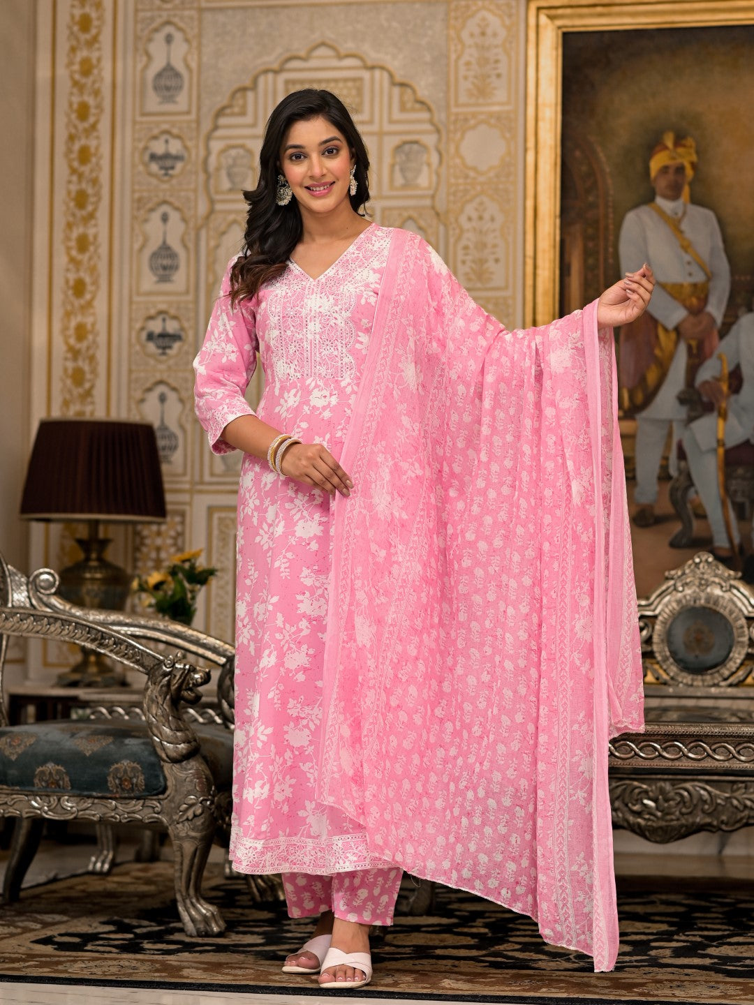 Juniper Women's Pink Floral Printed Rayon Kurta, Pant And Dupatta Set With Thread & Sequins Work | Grocsy