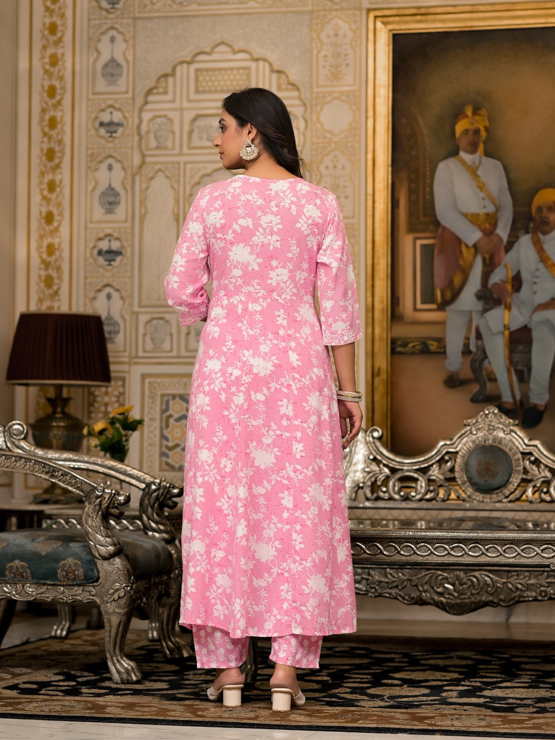 Juniper Women's Pink Floral Printed Rayon Kurta, Pant And Dupatta Set With Thread & Sequins Work | Grocsy