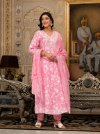 Juniper Women's Pink Floral Printed Rayon Kurta, Pant And Dupatta Set With Thread & Sequins Work | Grocsy