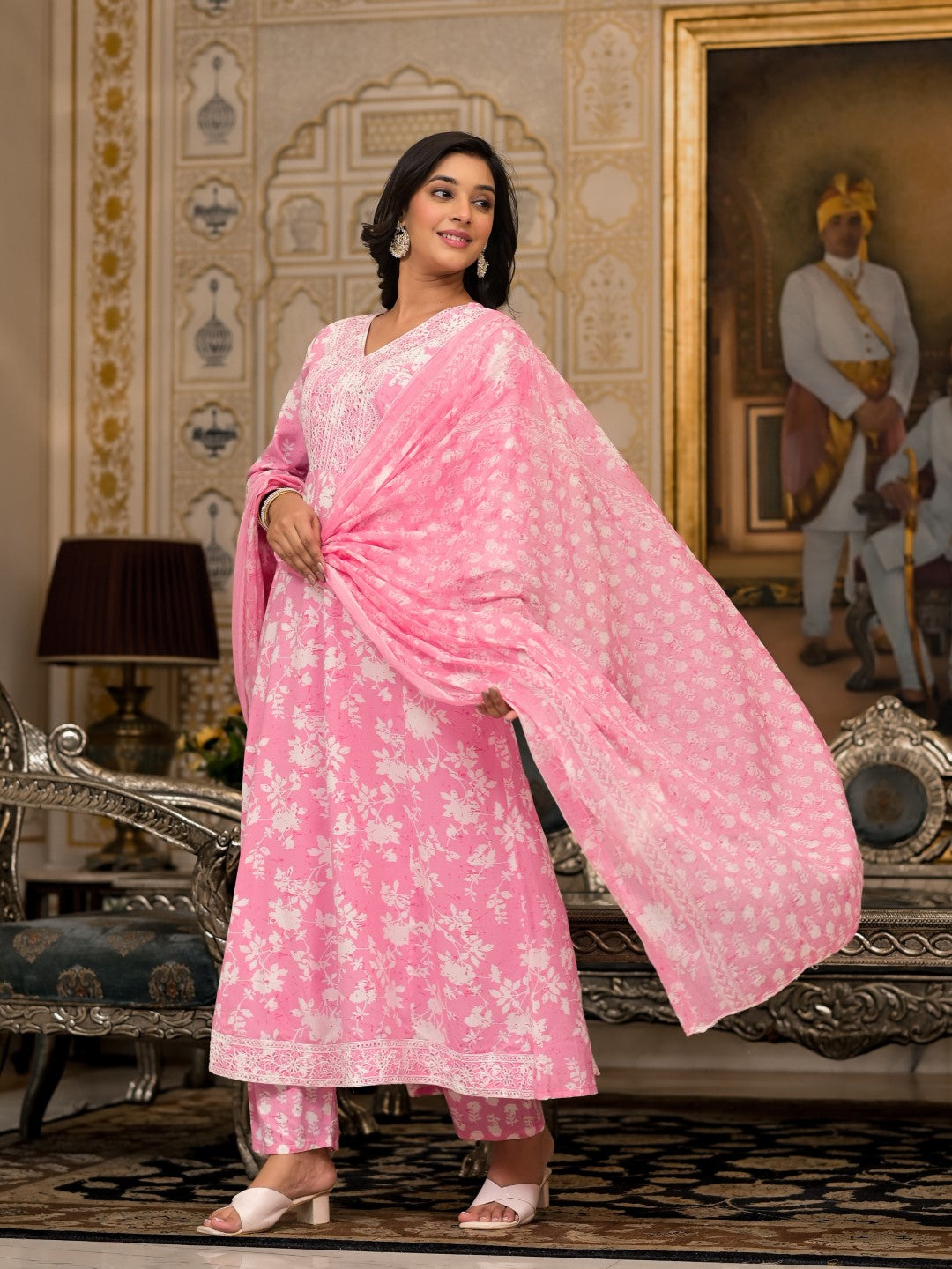 Juniper Women's Pink Floral Printed Rayon Kurta, Pant And Dupatta Set With Thread & Sequins Work | Grocsy