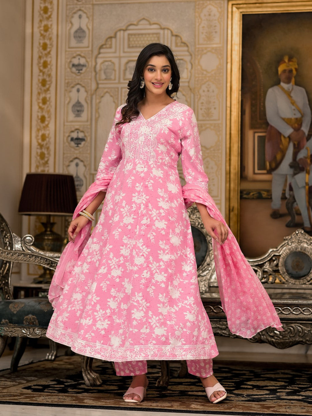 Juniper Women's Pink Floral Printed Rayon Kurta, Pant And Dupatta Set With Thread & Sequins Work | Grocsy
