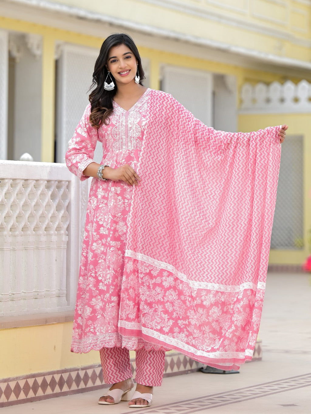 Juniper Women's Pink Floral Printed Rayon Kurta, Pant And Dupatta Set With Thread & Sequins Work | Grocsy
