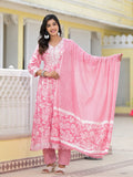 Juniper Women's Pink Floral Printed Rayon Kurta, Pant And Dupatta Set With Thread & Sequins Work | Grocsy