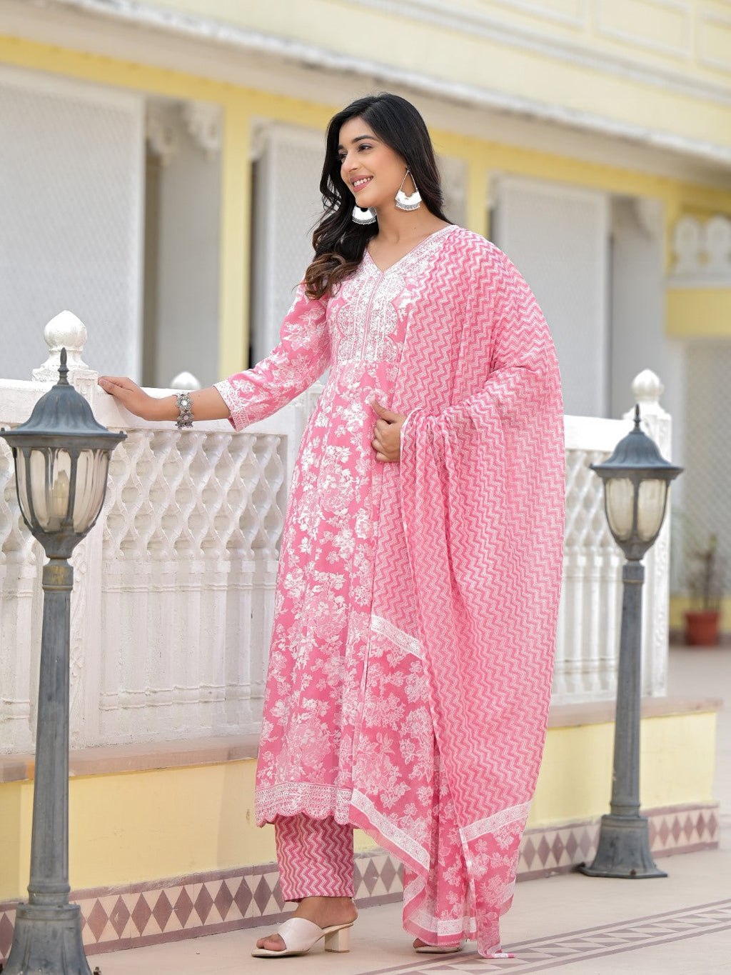 Juniper Women's Pink Floral Printed Rayon Kurta, Pant And Dupatta Set With Thread & Sequins Work | Grocsy