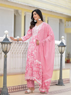 Juniper Women's Pink Floral Printed Rayon Kurta, Pant And Dupatta Set With Thread & Sequins Work | Grocsy