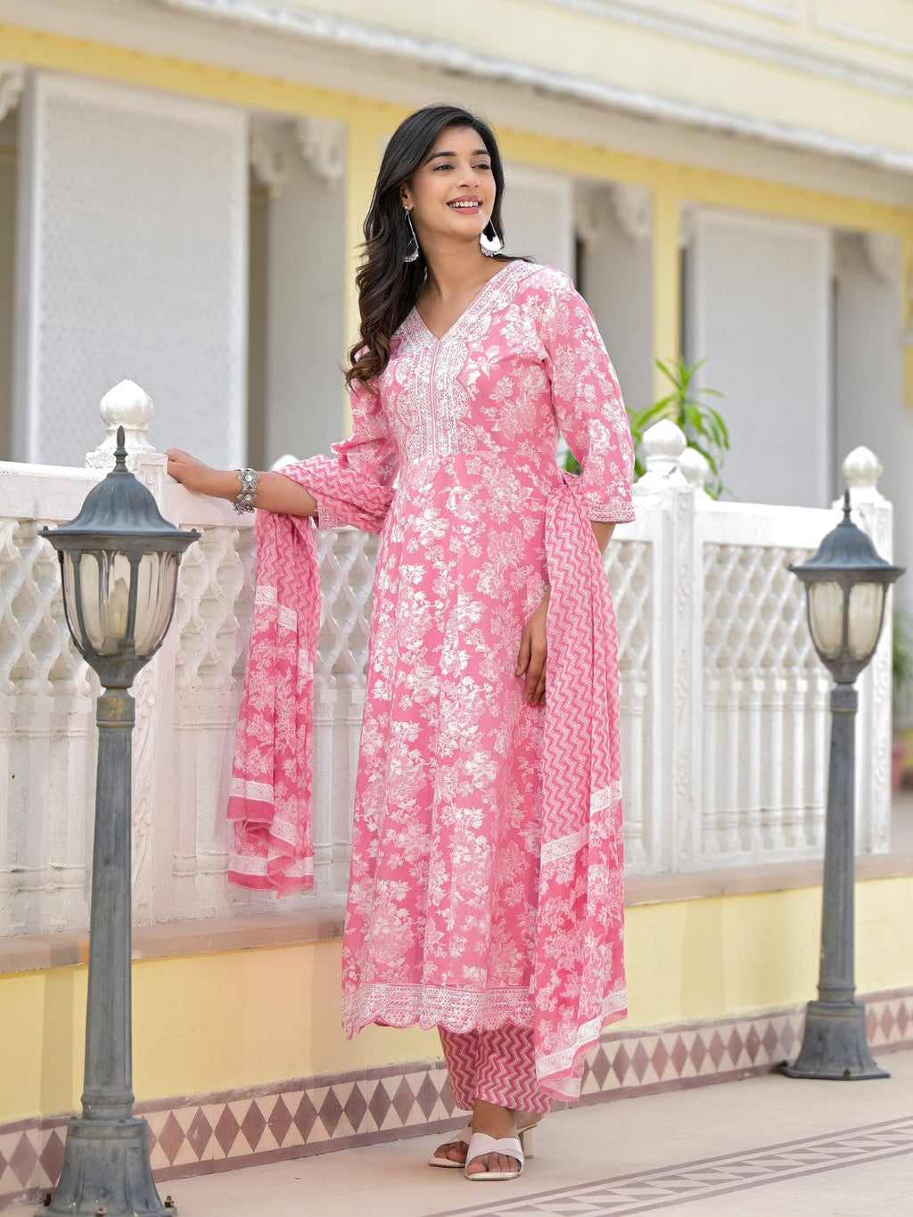 Juniper Women's Pink Floral Printed Rayon Kurta, Pant And Dupatta Set With Thread & Sequins Work | Grocsy