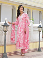 Juniper Women's Pink Floral Printed Rayon Kurta, Pant And Dupatta Set With Thread & Sequins Work | Grocsy