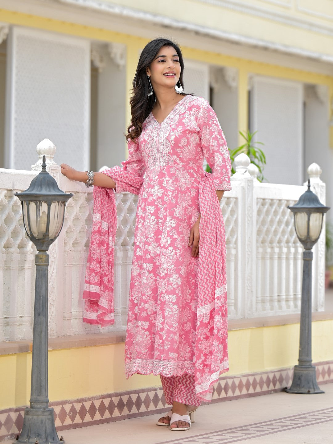 Juniper Women's Pink Floral Printed Rayon Kurta, Pant And Dupatta Set With Thread & Sequins Work | Grocsy