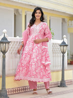 Juniper Women's Pink Floral Printed Rayon Kurta, Pant And Dupatta Set With Thread & Sequins Work | Grocsy
