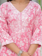 Juniper Women's Pink Floral Printed Rayon Kurta, Pant And Dupatta Set With Thread & Sequins Work | Grocsy