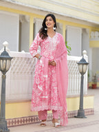 Juniper Women's Pink Floral Printed Rayon Kurta, Pant And Dupatta Set With Thread & Sequins Work | Grocsy