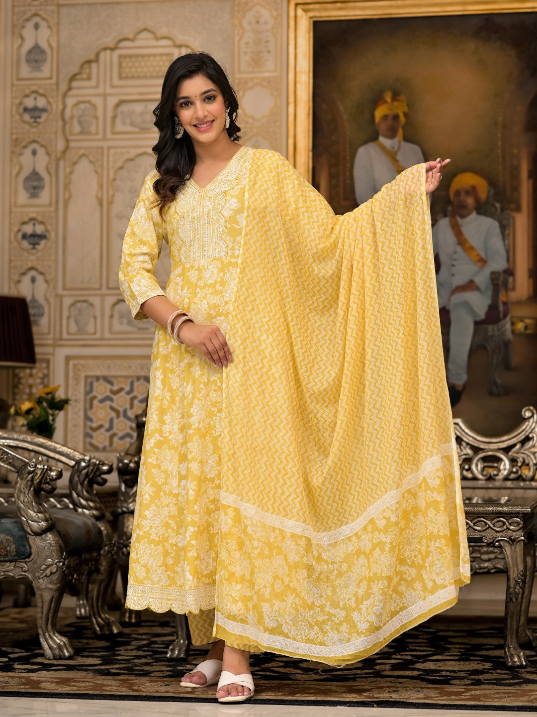 Juniper Women's Yellow Floral Printed Rayon Kurta With Pant And Dupatta With Thread & Sequins Work | Grocsy