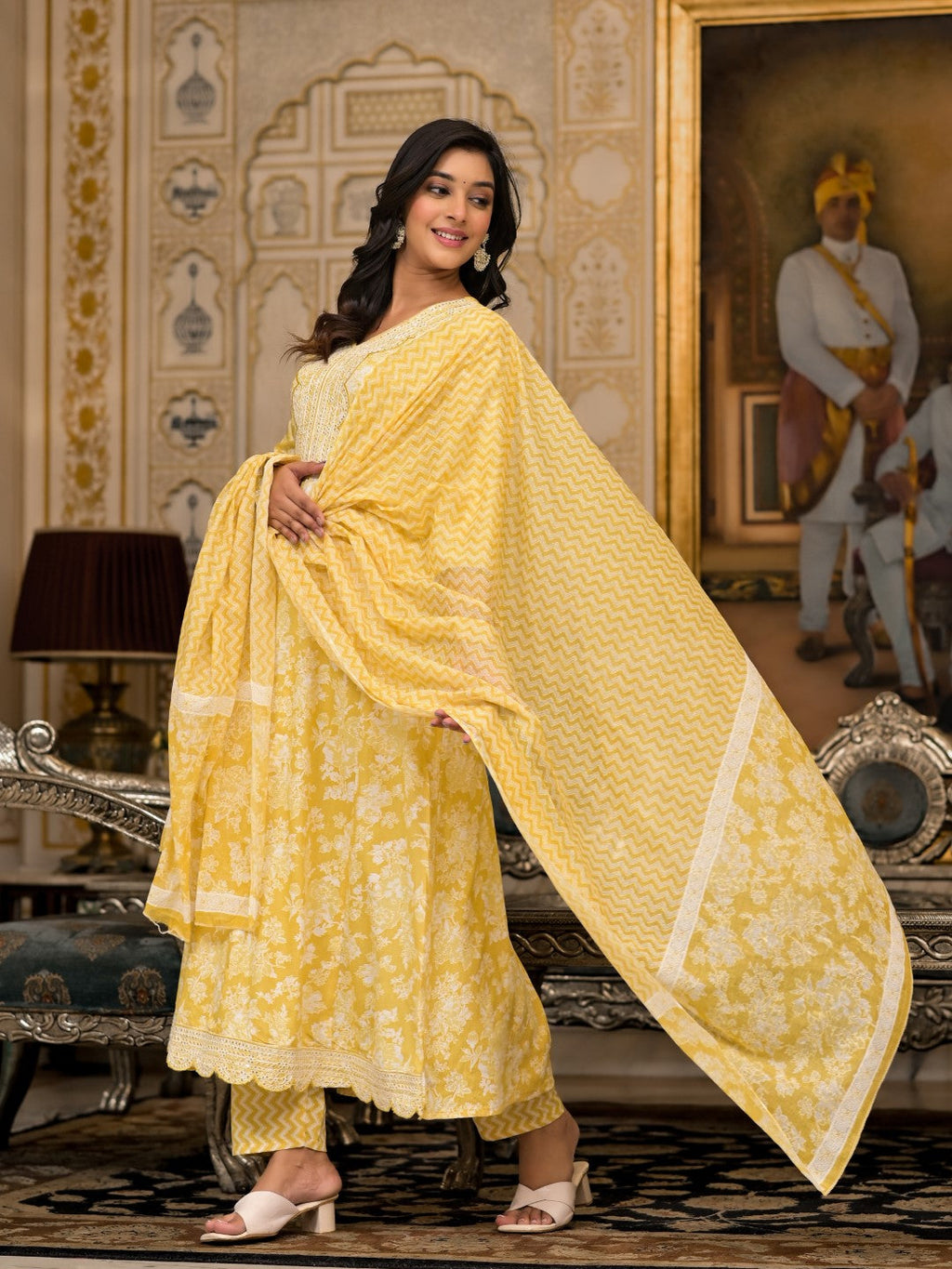 Juniper Women's Yellow Floral Printed Rayon Kurta With Pant And Dupatta With Thread & Sequins Work | Grocsy