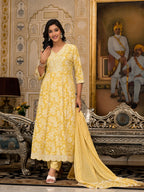 Juniper Women's Yellow Floral Printed Rayon Kurta With Pant And Dupatta With Thread & Sequins Work | Grocsy
