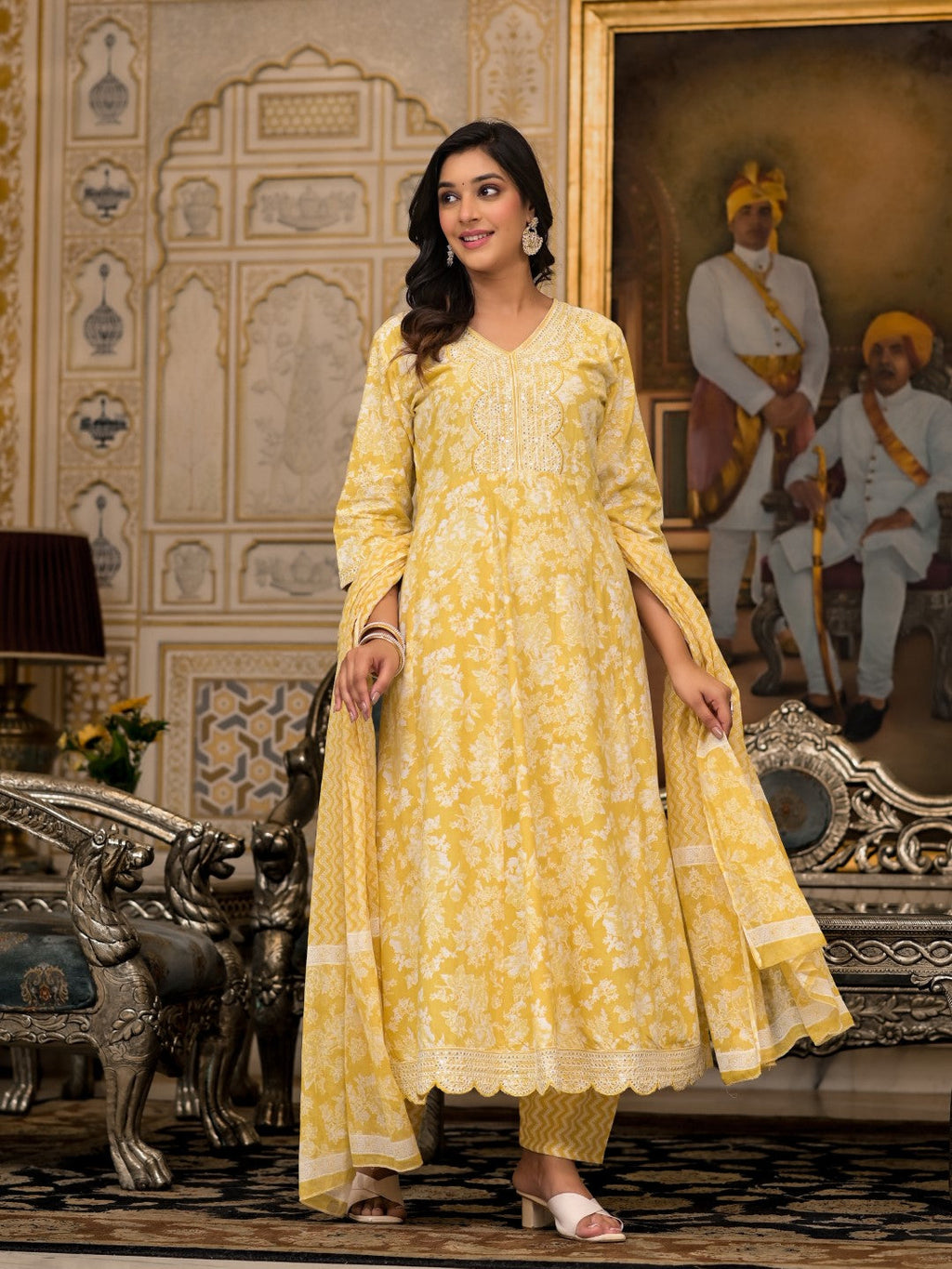 Juniper Women's Yellow Floral Printed Rayon Kurta With Pant And Dupatta With Thread & Sequins Work | Grocsy