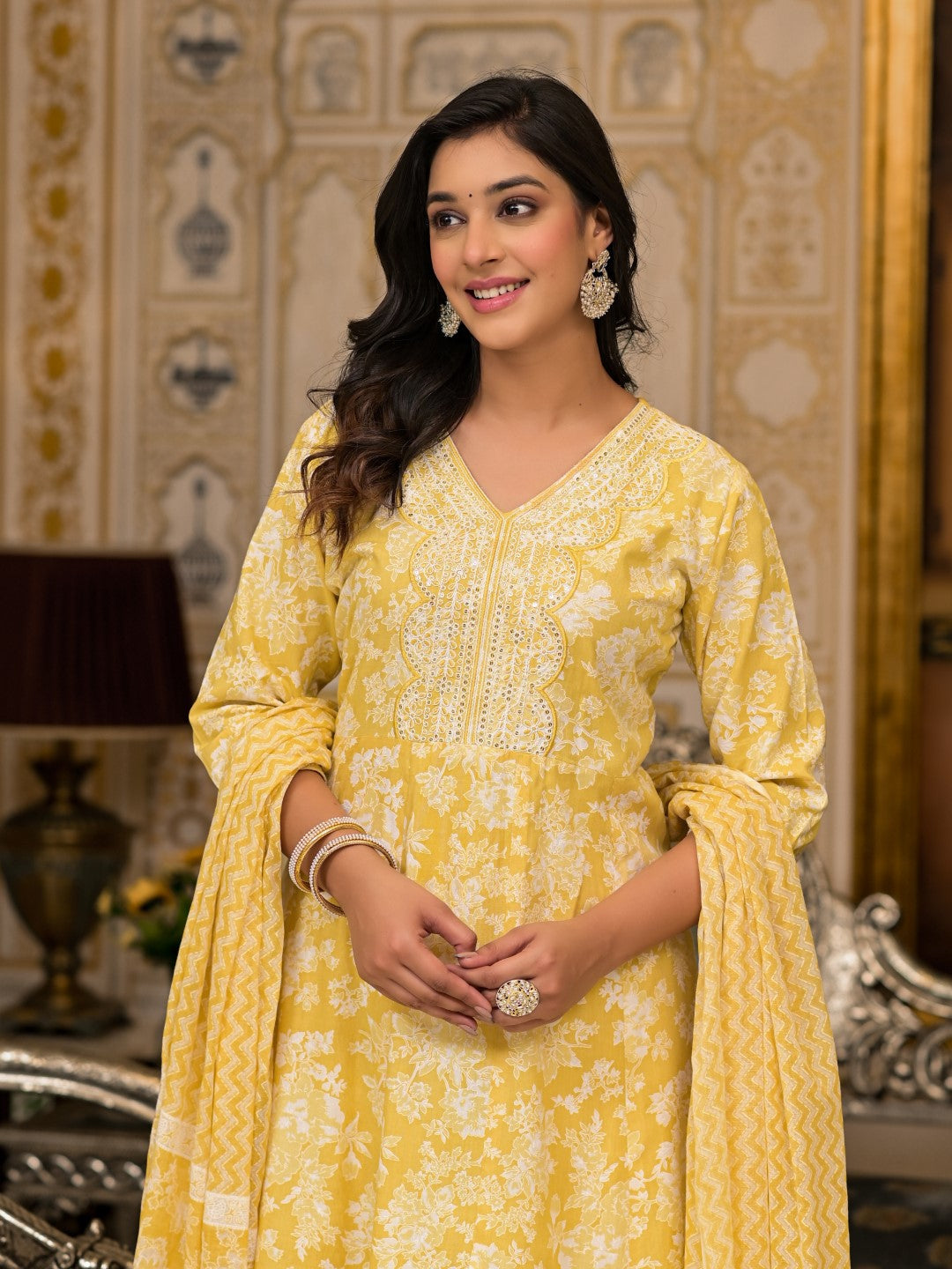Juniper Women's Yellow Floral Printed Rayon Kurta With Pant And Dupatta With Thread & Sequins Work | Grocsy