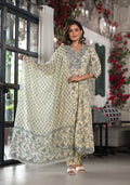 Juniper Women's Grey Floral Printed Rayon Kurta, Pant And Dupatta Set With Mirror & Thread Work | Grocsy