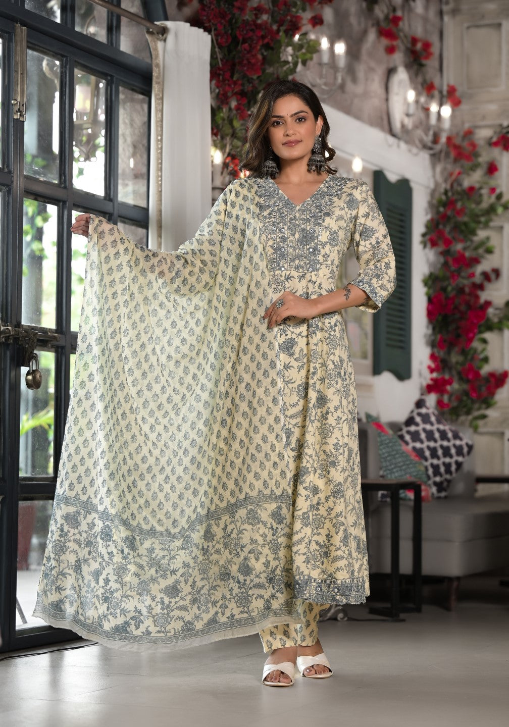 Juniper Women's Grey Floral Printed Rayon Kurta, Pant And Dupatta Set With Mirror & Thread Work | Grocsy