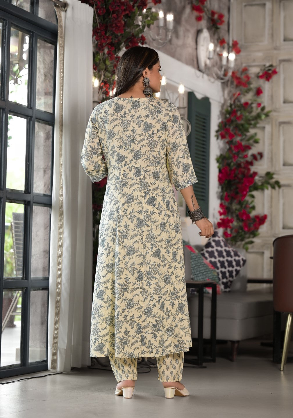 Juniper Women's Grey Floral Printed Rayon Kurta, Pant And Dupatta Set With Mirror & Thread Work | Grocsy