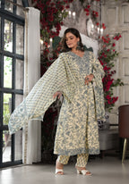 Juniper Women's Grey Floral Printed Rayon Kurta, Pant And Dupatta Set With Mirror & Thread Work | Grocsy