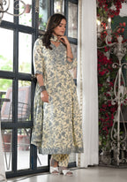 Juniper Women's Grey Floral Printed Rayon Kurta, Pant And Dupatta Set With Mirror & Thread Work | Grocsy
