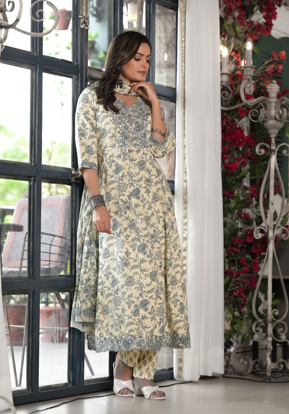 Juniper Women's Grey Floral Printed Rayon Kurta, Pant And Dupatta Set With Mirror & Thread Work | Grocsy