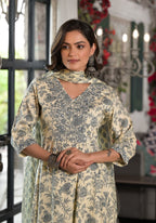 Juniper Women's Grey Floral Printed Rayon Kurta, Pant And Dupatta Set With Mirror & Thread Work | Grocsy