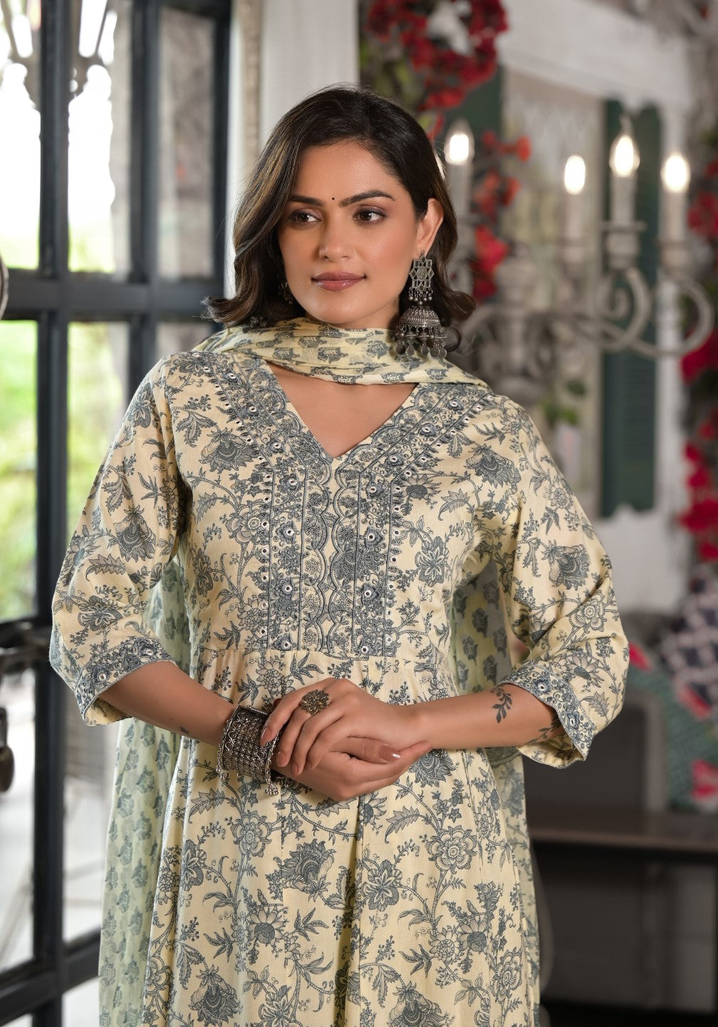 Juniper Women's Grey Floral Printed Rayon Kurta, Pant And Dupatta Set With Mirror & Thread Work | Grocsy
