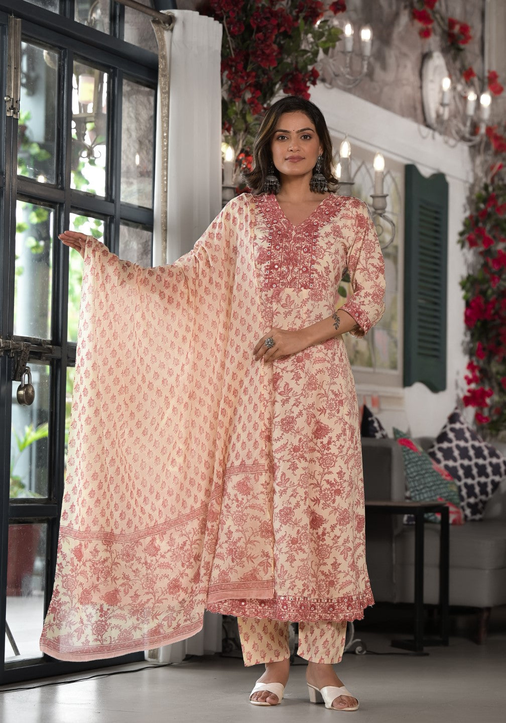 Juniper Women's Pink Floral Printed Rayon Kurta, Pant And Dupatta Set With Mirror & Thread Work | Grocsy