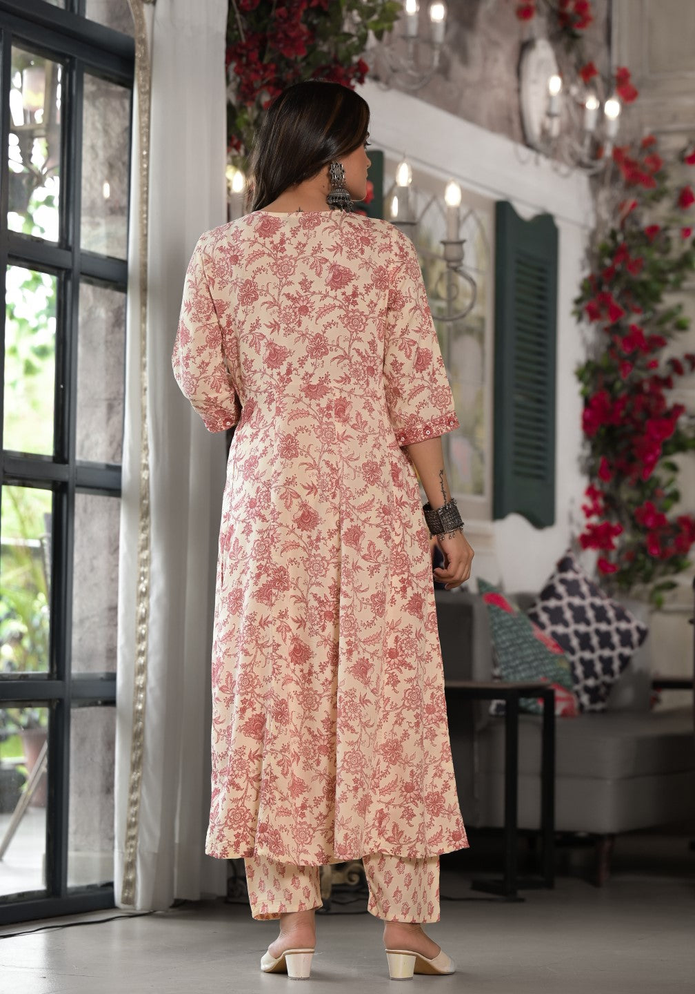 Juniper Women's Pink Floral Printed Rayon Kurta, Pant And Dupatta Set With Mirror & Thread Work | Grocsy