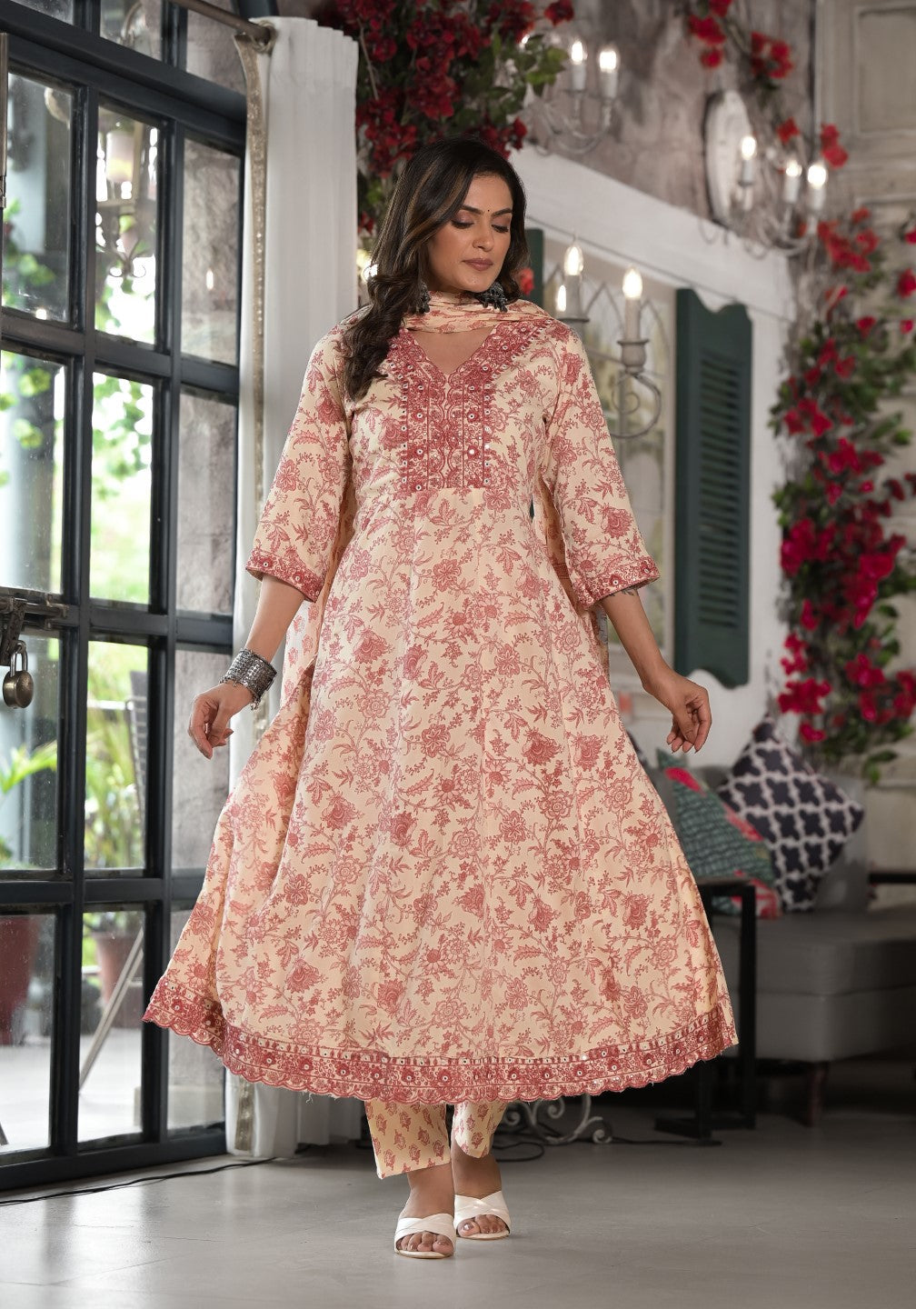 Juniper Women's Pink Floral Printed Rayon Kurta, Pant And Dupatta Set With Mirror & Thread Work | Grocsy