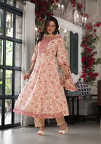 Juniper Women's Pink Floral Printed Rayon Kurta, Pant And Dupatta Set With Mirror & Thread Work | Grocsy