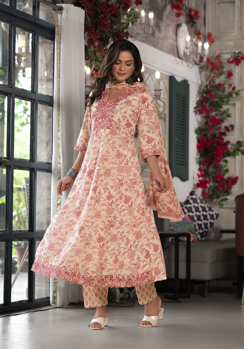 Juniper Women's Pink Floral Printed Rayon Kurta, Pant And Dupatta Set With Mirror & Thread Work | Grocsy