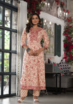 Juniper Women's Pink Floral Printed Rayon Kurta, Pant And Dupatta Set With Mirror & Thread Work | Grocsy